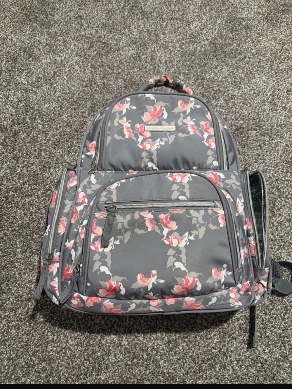 Floral Gray Diaper Backpack with Pink Rose Print